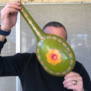 Vintage BIG Carved Wood Hand Painted Folk Art Spoon Scooper Scandinavian